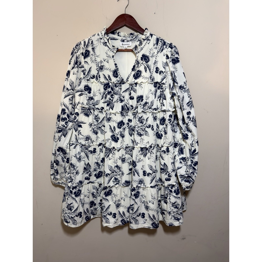 &Merci Ivory Navy Floral Tiered Mini Dress Cottagecore Size Large